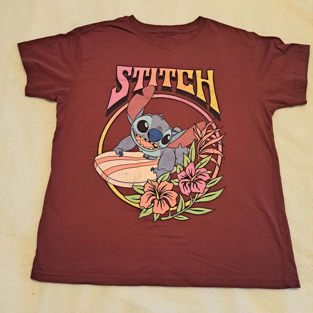 Disney Maroon Stitch Surf Graphic Tee with Floral Print